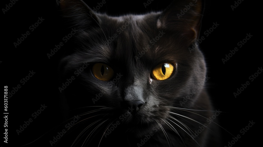 A black cat with yellow eyes staring generative ai