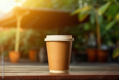 Paper cup of coffee on top of coffee shop table with sunlight and blurred background, Generative AI