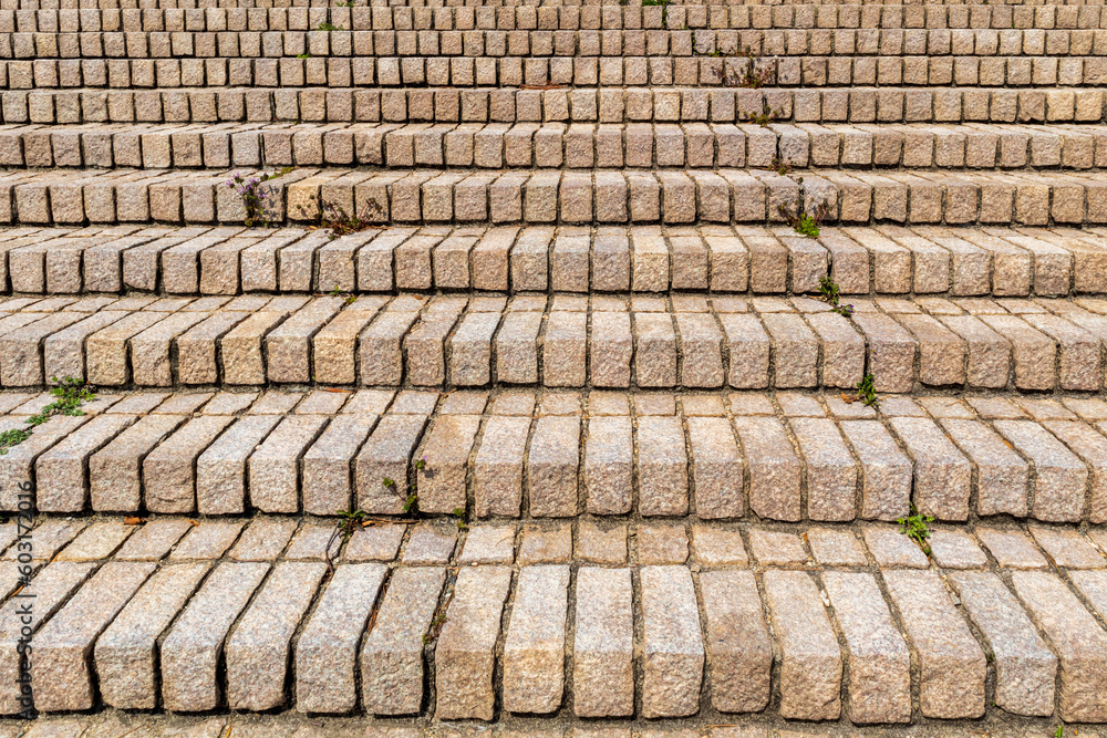 View of a staircase made of light-colored blocks in Naoshima, Japan View of a staircase made of light-colored blocks in Naoshima, Japan