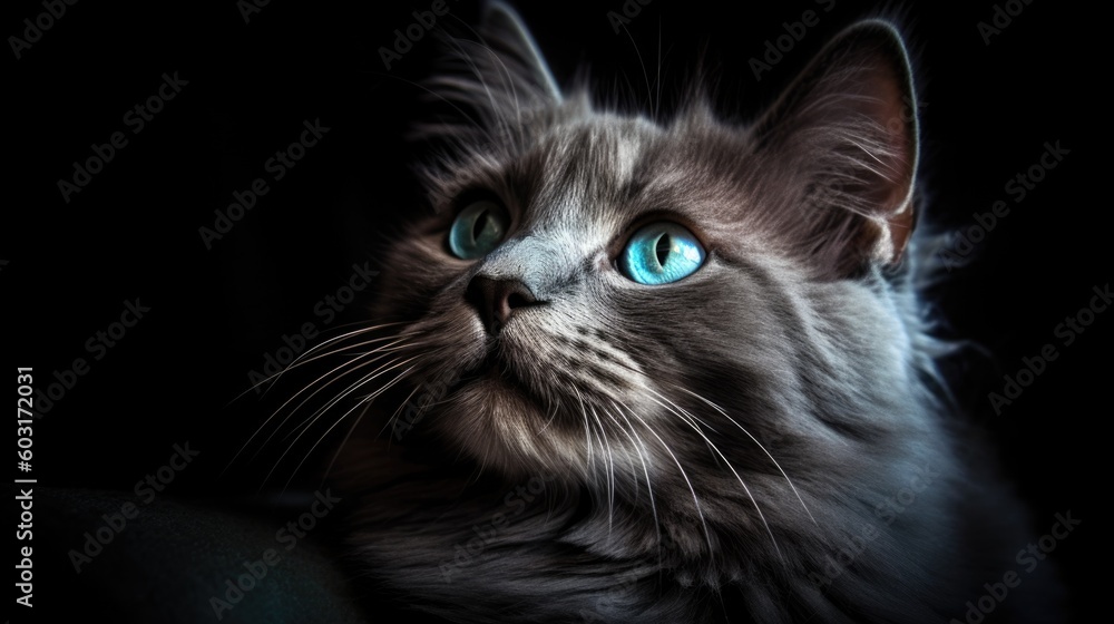 A gray cat with blue eyes looking. generative ai A gray cat with blue eyes looking. generative ai