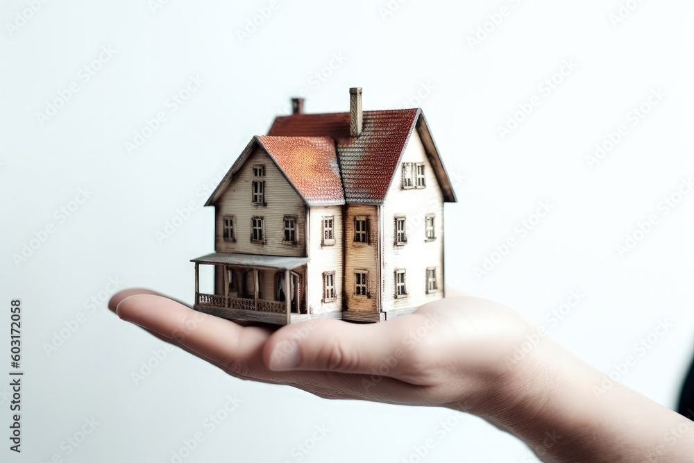 Hand holding miniature house on white background, real estate market concept, Generative AI Hand holding miniature house on white background, real estate market concept, Generative AI