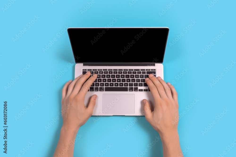 Laptop and hands isolated on blue background, hands typing on laptop keyboard, Generative AI Laptop and hands isolated on blue background, hands typing on laptop keyboard, Generative AI