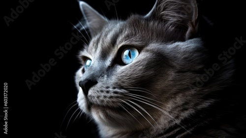 A gray cat with blue eyes looking. generative ai