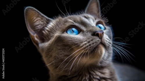 A gray cat with blue eyes looking. generative ai