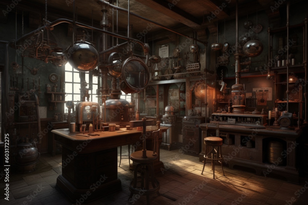 Steampunk Lab, old science lab with steam engines, Generative AI Steampunk Lab, old science lab with steam engines, Generative AI