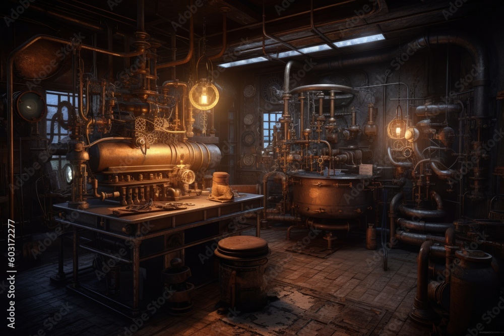 Steampunk Lab, old science lab with steam engines, Generative AI Steampunk Lab, old science lab with steam engines, Generative AI