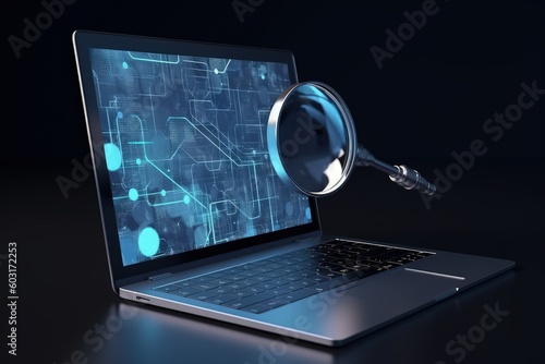 Laptop with magnifying glass on screen on black background, Generative AI 