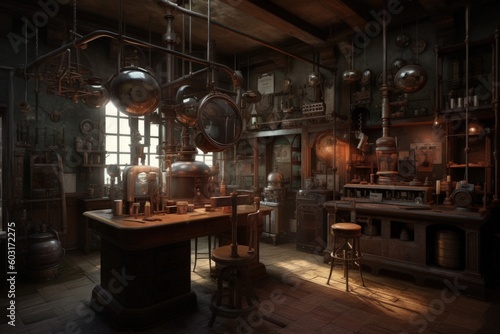 Steampunk Lab  old science lab with steam engines  Generative AI