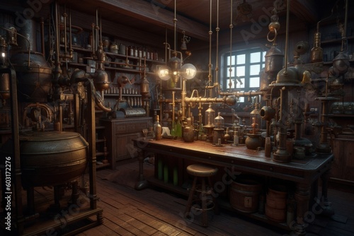 Steampunk Lab, old science lab with steam engines, Generative AI