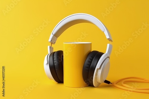 Coffee cup and headphone, headphone over coffee cup on yellow background, Generative AI