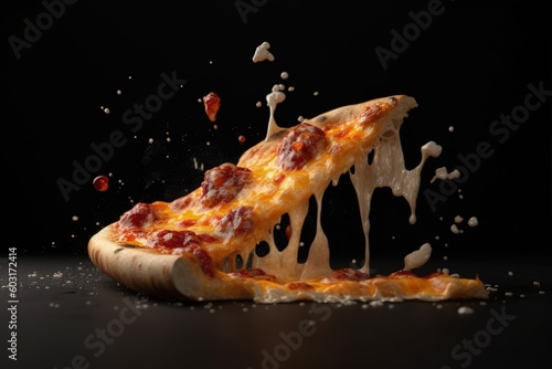 Slice of pizza falling and shattering on black background, pepperoni pizza slice, Generative AI