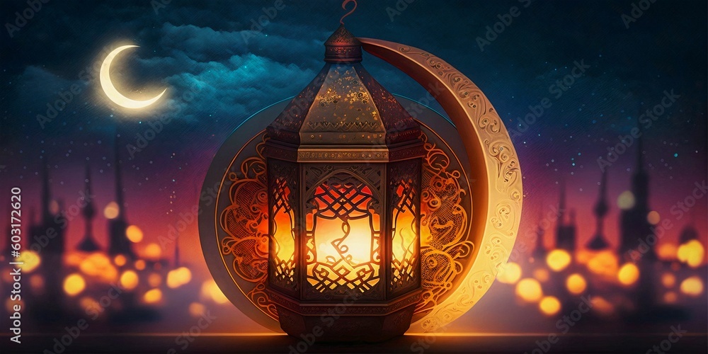 Islamic background in digital painting style with free space for your words and shining lantern, create with generative AI. Islamic background in digital painting style with free space for your words and shining lantern, create with generative AI.