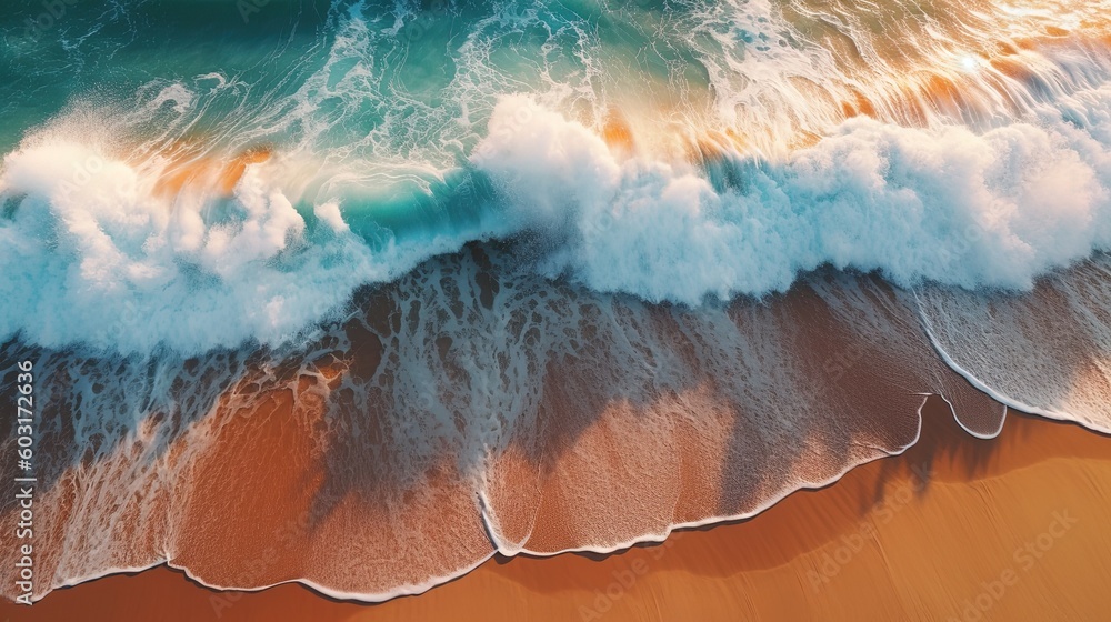 aerial top down view of ocean tidal waves crashing into beach shore created using generative AI aerial top down view of ocean tidal waves crashing into beach shore created using generative AI