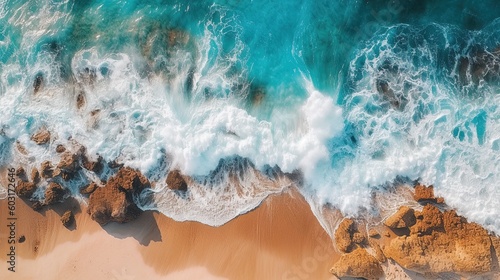 aerial top down view of ocean waves crashing into sandy beach shore in summer created using generative AI