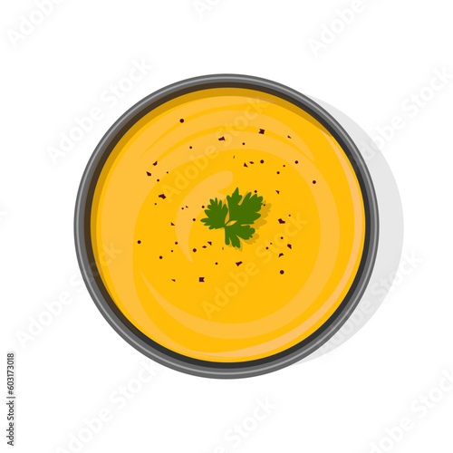 Pumpkin soup in a bowl with sour cream, rosemary on top view isolated white background, vector illustration.