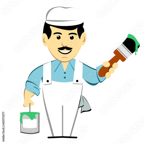 Painter in overalls with paint can and brush
