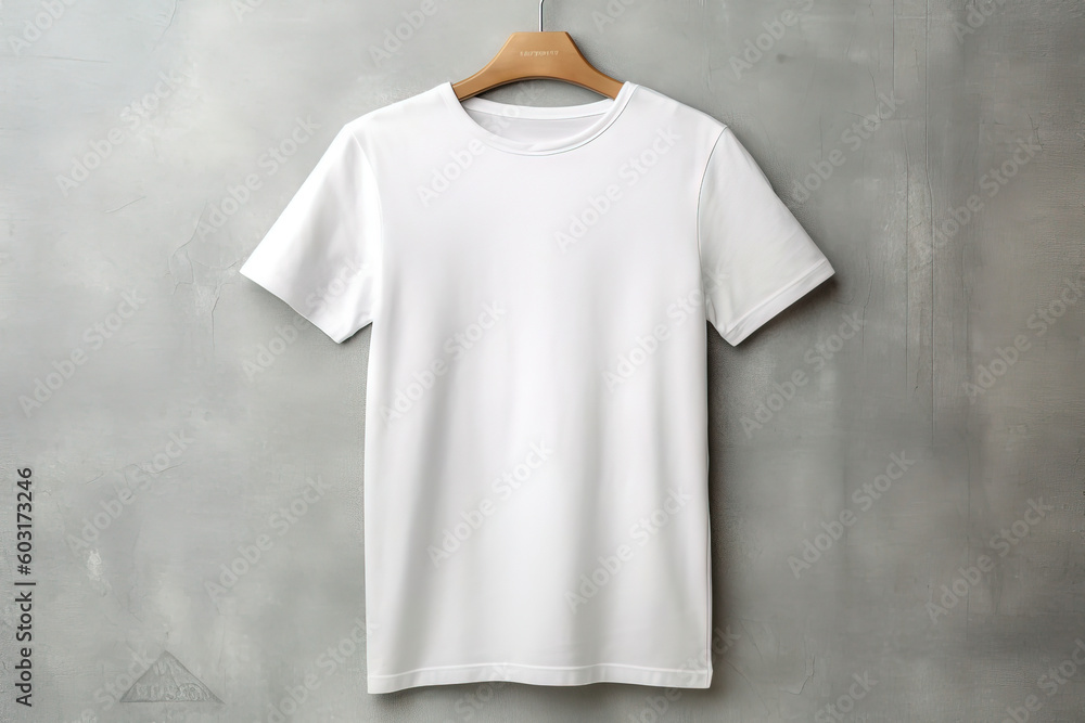 white t-shirt on a hanger over a grey wall white t-shirt on a hanger over a grey wall