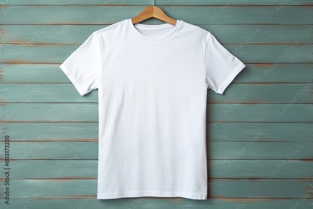 white t-shirt on a hanger over a wooden plank background white t-shirt on a hanger over a wooden plank background