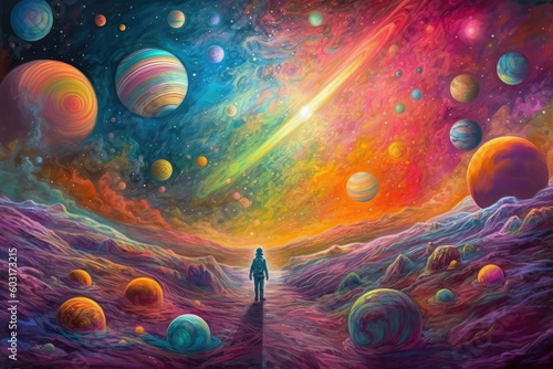 the little astronaut is standing near planets, in the style of hypercolorful dreamscapes, generative AI photo