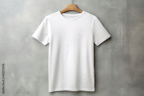 white t-shirt on a hanger over a grey wall