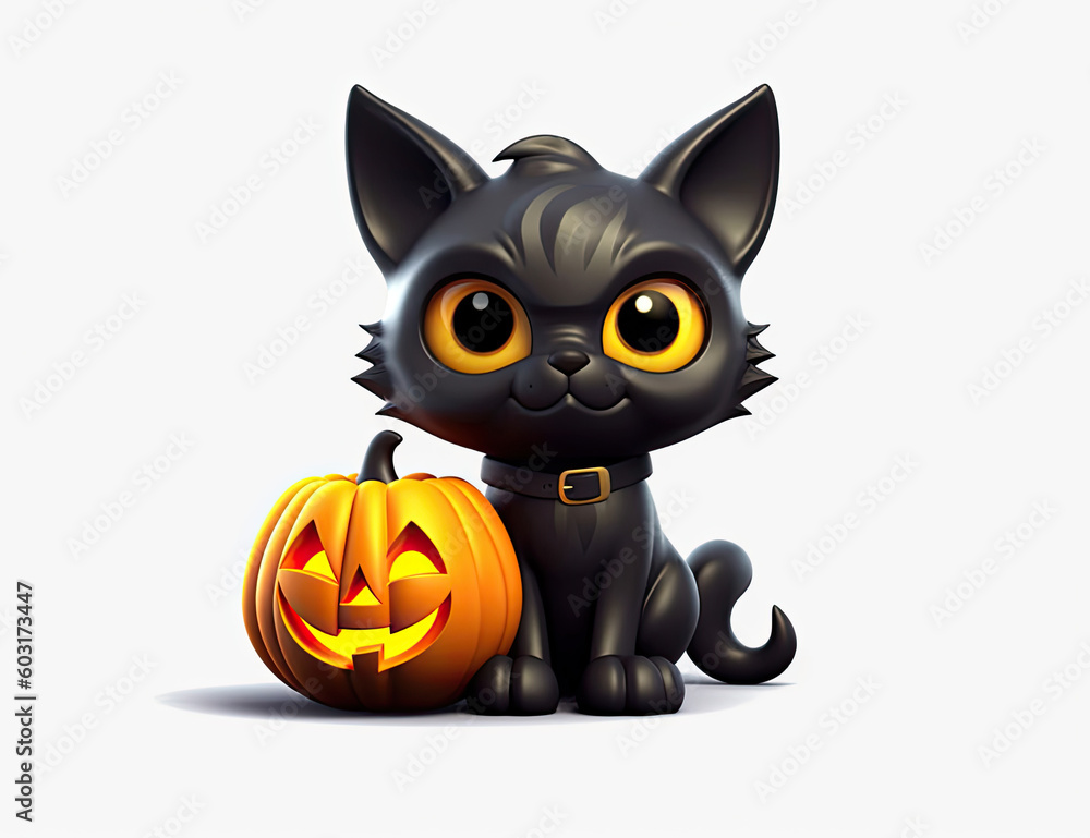 Black Cat Halloween Pumpkin, Jack o Lantern, Witch, Spooky, Fall, Autumn. Wall Art. Halloween Resource. Generative AI