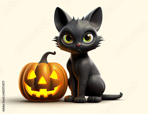 Black Cat Halloween Pumpkin, Jack o Lantern, Witch, Spooky, Fall, Autumn. Wall Art. Halloween Resource. Generative AI