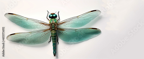 A green dragonfly sits on a white surface., generative AI 