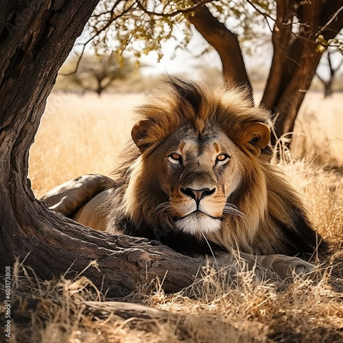 Majestic lion resting under a tree in the African savannah