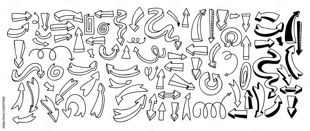 Collection doodles of arrows and pointers, shapes. Vector linear hand drawns. Isolated outline elements for design