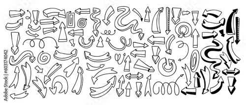 Collection doodles of arrows and pointers  shapes. Vector linear hand drawns. Isolated outline elements for design