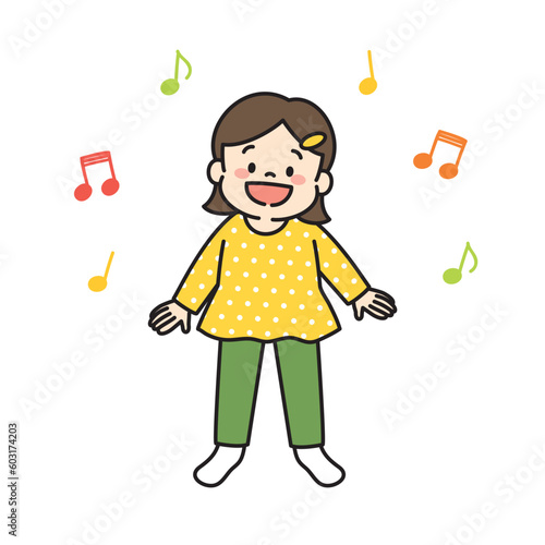 歌を歌う女の子のイラスト　音符　全身