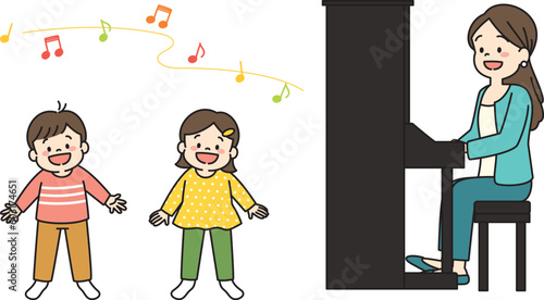ピアノを弾く先生と歌を歌う子どものイラスト　全身