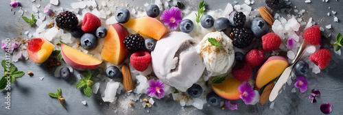 Delicious Summer Indulgence  Tempting Flatlay of Fruit-infused Dessert with Mouthwatering Ice Cream Delights Generative Ai Digital Illustration