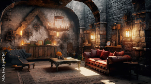 modern living room with medieval theme