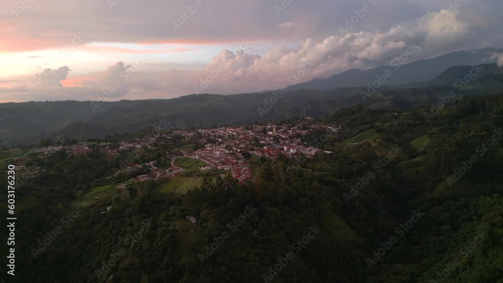 Aerial shot of the city of Salento, Colombia during the golden hour. Aerial shot of the city of Salento, Colombia during the golden hour.