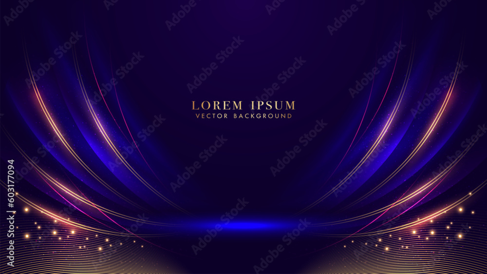 Fototapeta premium Dark blue luxury background with golden lines, curve light and glittering light effects elements. Elegant style vector design