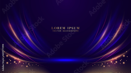 Dark blue luxury background with golden lines, curve light and glittering light effects elements. Elegant style vector design