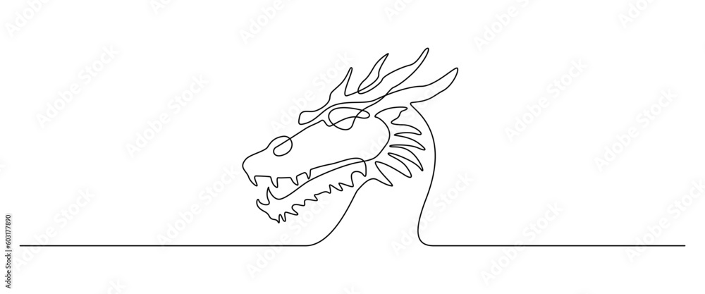 Obraz premium Dragon head in one continuous line drawing. Magical fictional creature for Chinese traditional symbol in simple linear style. Editable stroke. Doodle outline vector illustration