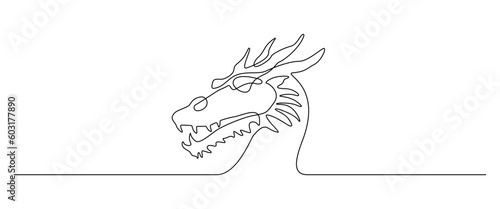 Dragon head in one continuous line drawing. Magical fictional creature for Chinese traditional symbol in simple linear style. Editable stroke. Doodle outline vector illustration