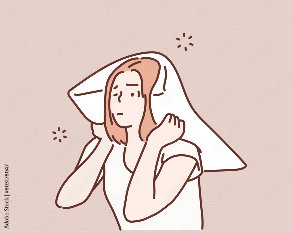 Bed woman covering ears with pillow. Hand drawn style vector design illustrations. Bed woman covering ears with pillow. Hand drawn style vector design illustrations.
