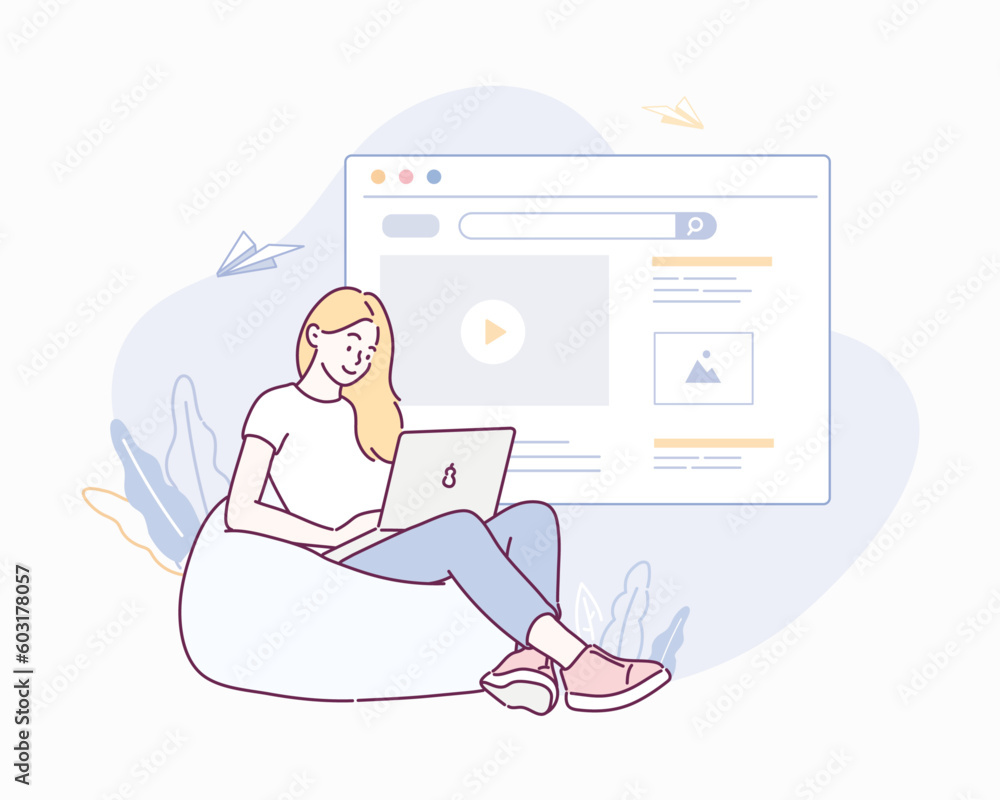 Woman relaxing on couch and using laptop.Hand drawn style vector design illustrations.