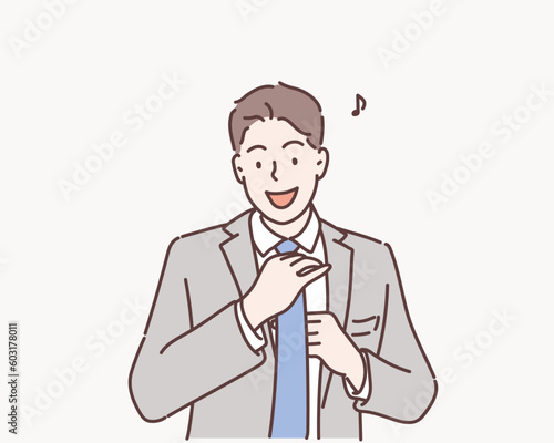 business manager getting dressed and fixing his tie early in the morning. Hand drawn style vector design illustrations.