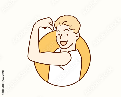 happy strong kid posing. Hand drawn style vector design illustrations.