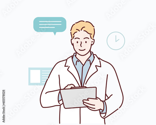 Man writing on clip-board. Hand drawn style vector design illustrations.