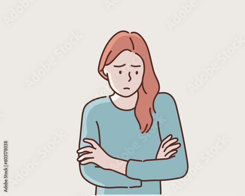 Worried young woman.  Hand drawn style vector design illustrations.