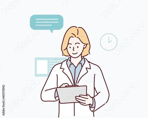 Woman writing on clip-board. Hand drawn style vector design illustrations.