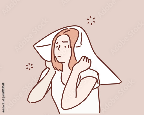 Bed woman covering ears with pillow. Hand drawn style vector design illustrations.
