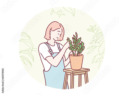 Woman planting flowers. Hand drawn style vector design illustrations.