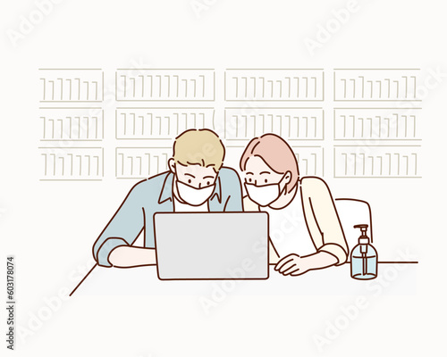 students put on a mask to talk about their homework with laptop computer computers in the university library. Hand drawn style vector design illustrations.