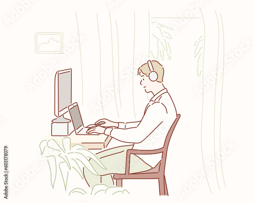 Young man working on laptop at home. Hand drawn style vector design illustrations.